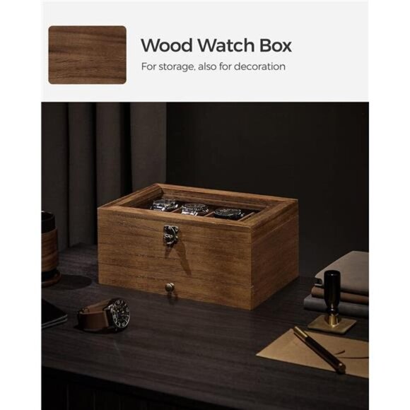 Wood Watch Box 8 Slot Two Tier Display Case Glass Lid Velvet Jewelry Storage - Picture 5 of 7